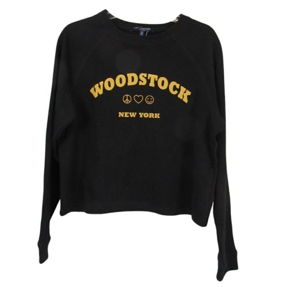 Top Cropped Sweatshirt Graphic Woodstock NY Print Black & Yellow Women's Size M